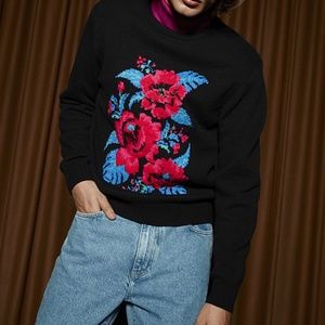 Wool blend black, blue and red floral jacquard sweater NWT